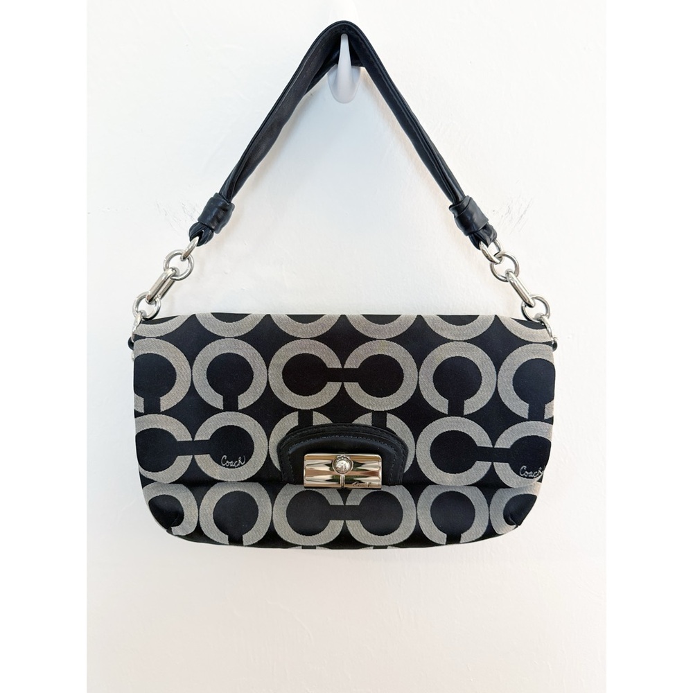 Coach Black/Gray Kristin Op Art Signature Flap Sateen Leather Shoulder Bag